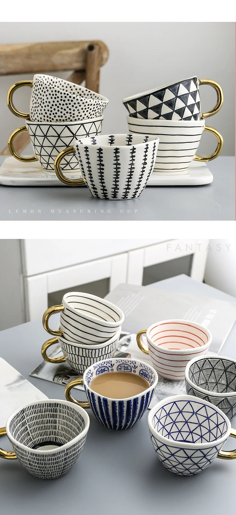 Hand Painted Geometric Ceramic Mugs With Gold Handle Handmade Irregular Cups For Coffee Tea Milk Oatmeal Creative Birthday Gifts