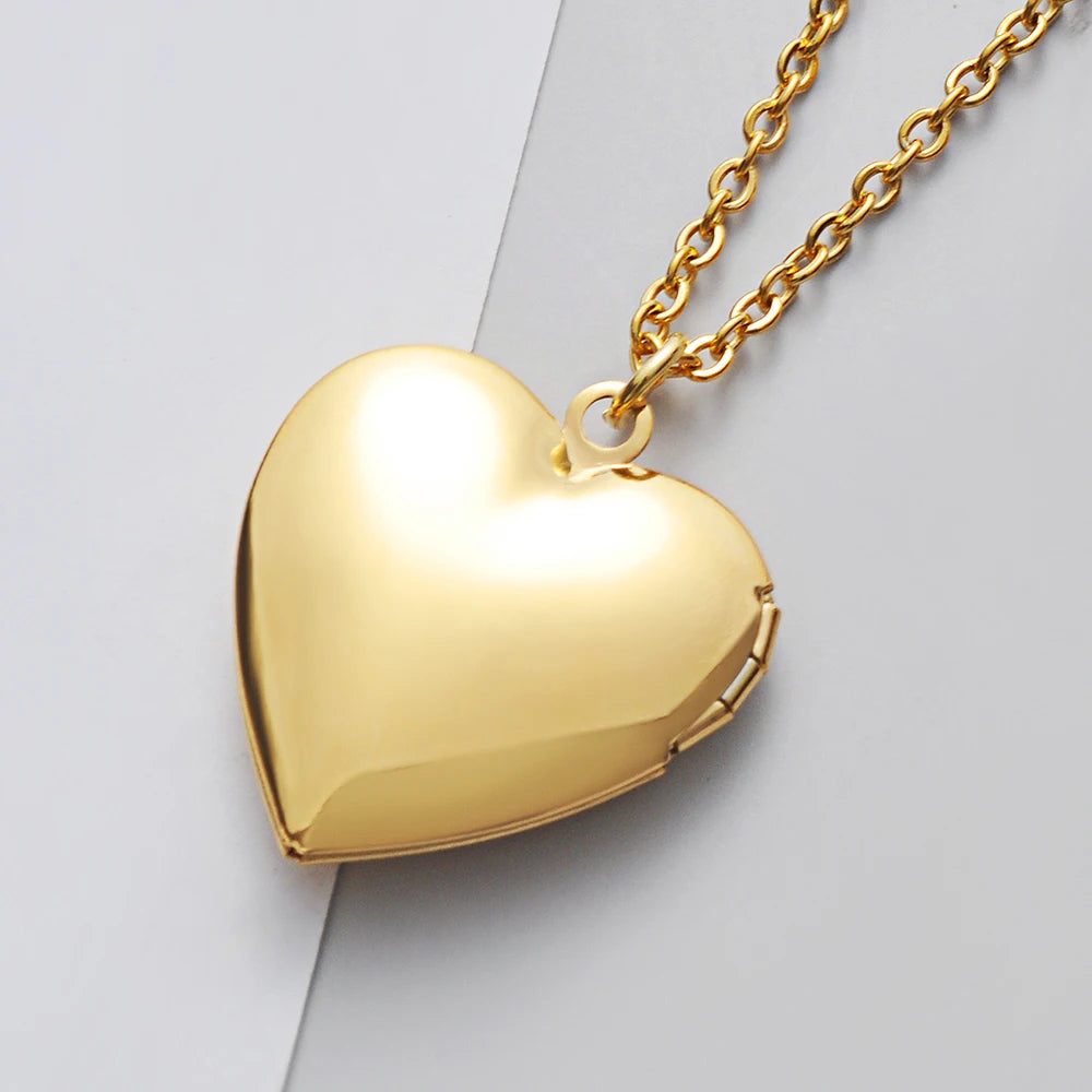 2Pcs/Lot Mirror Polish Stainless Steel Love Heart Photo Frame 28.5*28.5mm DIY Memory Locket Pendant Necklace