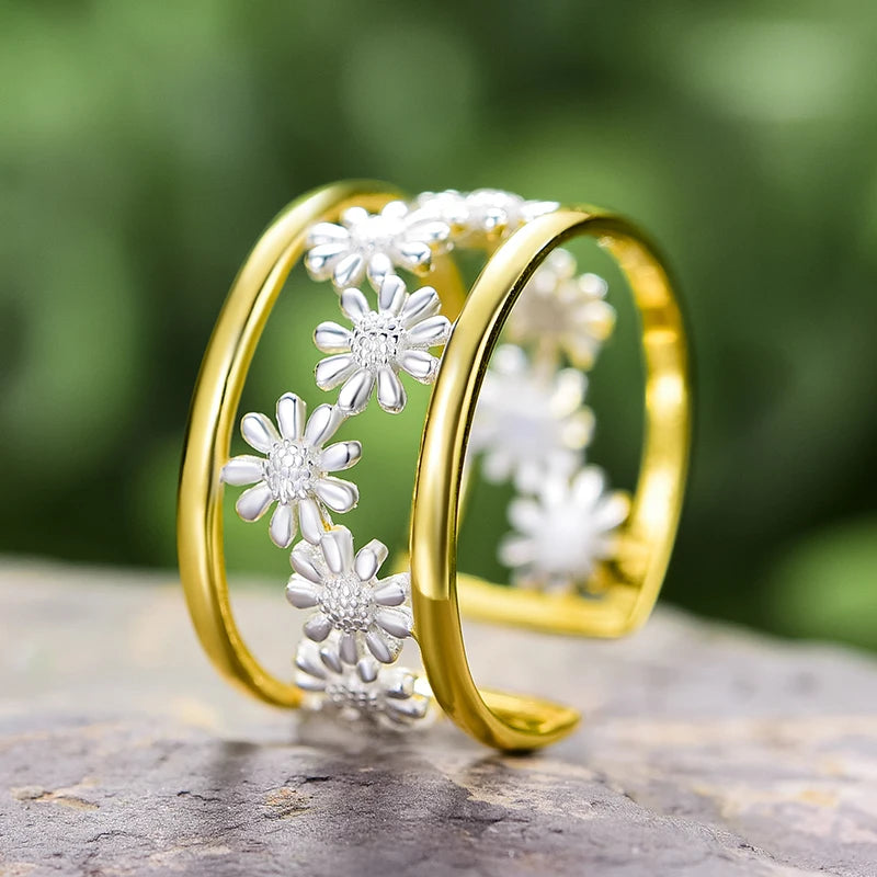 Lotus Fun Elegant Little Daisy Flower Adjustable Rings for Women Real 925 Sterling Silver Original Luxury 18K Gold Fine Jewelry