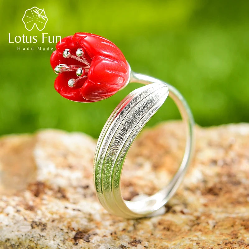 Lotus Fun Real 925 Sterling Silver 18k Gold Ring Red Coral Handmade Fine Jewelry Lily of the Valley Flower Rings For Women Gift