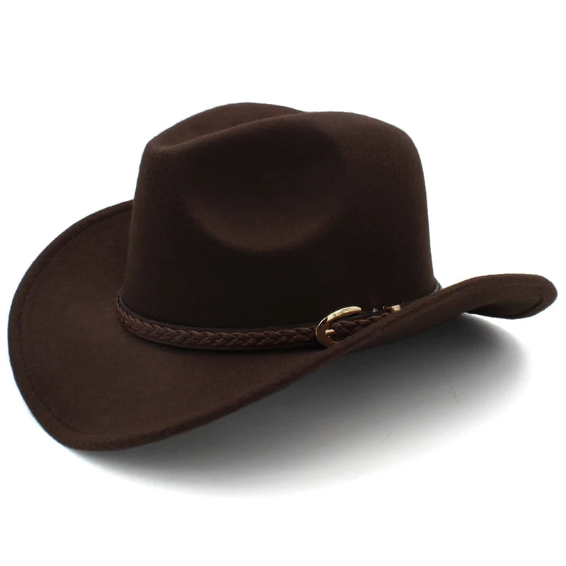 Coffee Leather Band Vintage Parent-child Women Men /Kid Child Wool Wide Brim Cowboy Western Hat Cowgirl Bowler Cap (54-57-61cm)