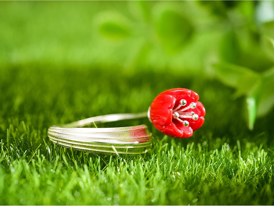 Lotus Fun Real 925 Sterling Silver 18k Gold Ring Red Coral Handmade Fine Jewelry Lily of the Valley Flower Rings For Women Gift