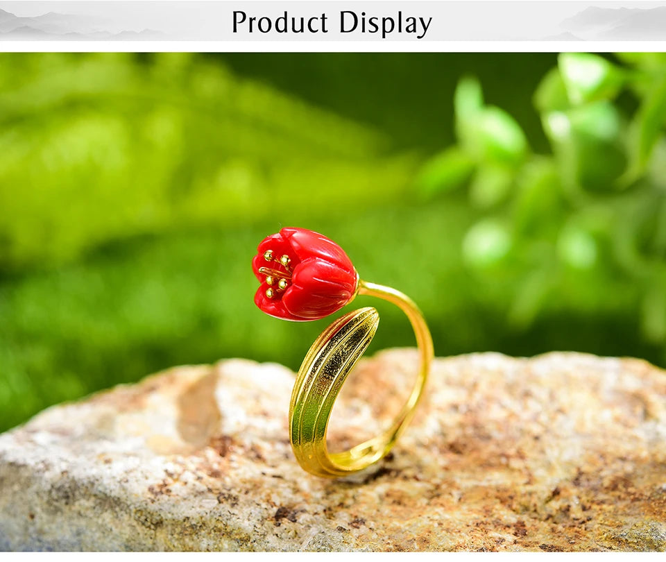 Lotus Fun Real 925 Sterling Silver 18k Gold Ring Red Coral Handmade Fine Jewelry Lily of the Valley Flower Rings For Women Gift