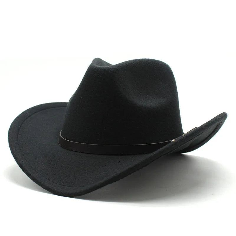 Unisex Vintage Western Cowboy Cowgirl Felt Hat With Punk Belt Winter Autumn Panama Imitation Wool Jazz Cap