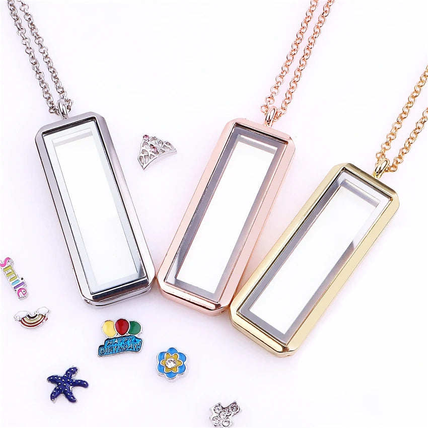 1Pc Vertical Rectangle Glass Memory Locket Pendant Women Necklaces Diy Men Floating Picture Living Medaillon Collares Jewelry