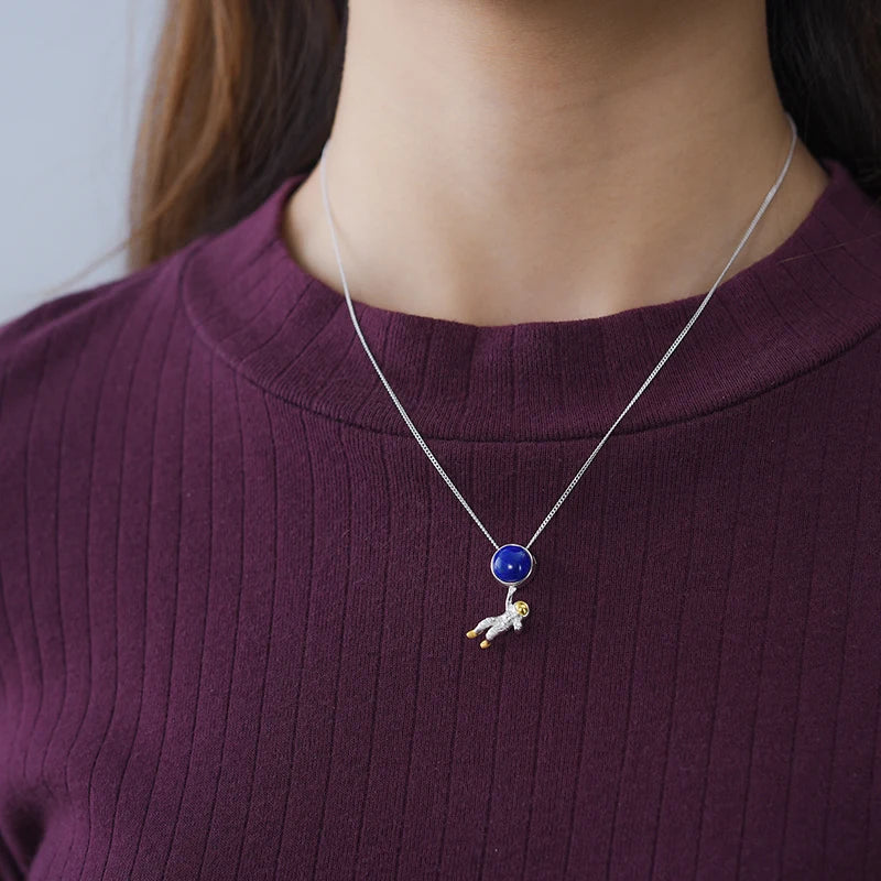 Lotus Fun Natural Lapis Lazuli Stone Space Odyssey Pendant Real 925 Sterling Silver Chains and Necklaces for Women Men's Jewelry