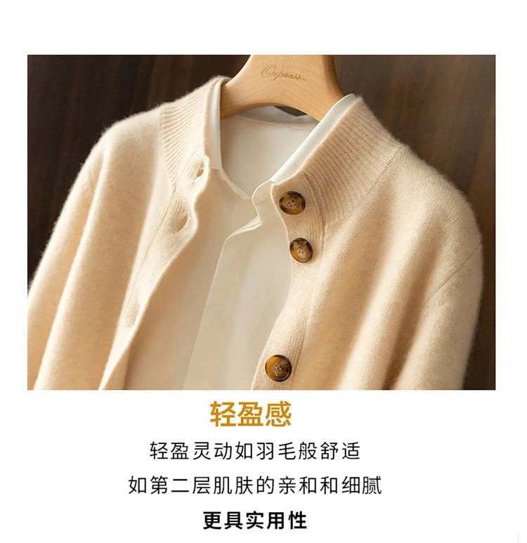 Autumn and Winter 100% Wool Cashmere Sweater Women's Self-Cultivation Half High Neck Cardigan Warm Knitted Sweater Women