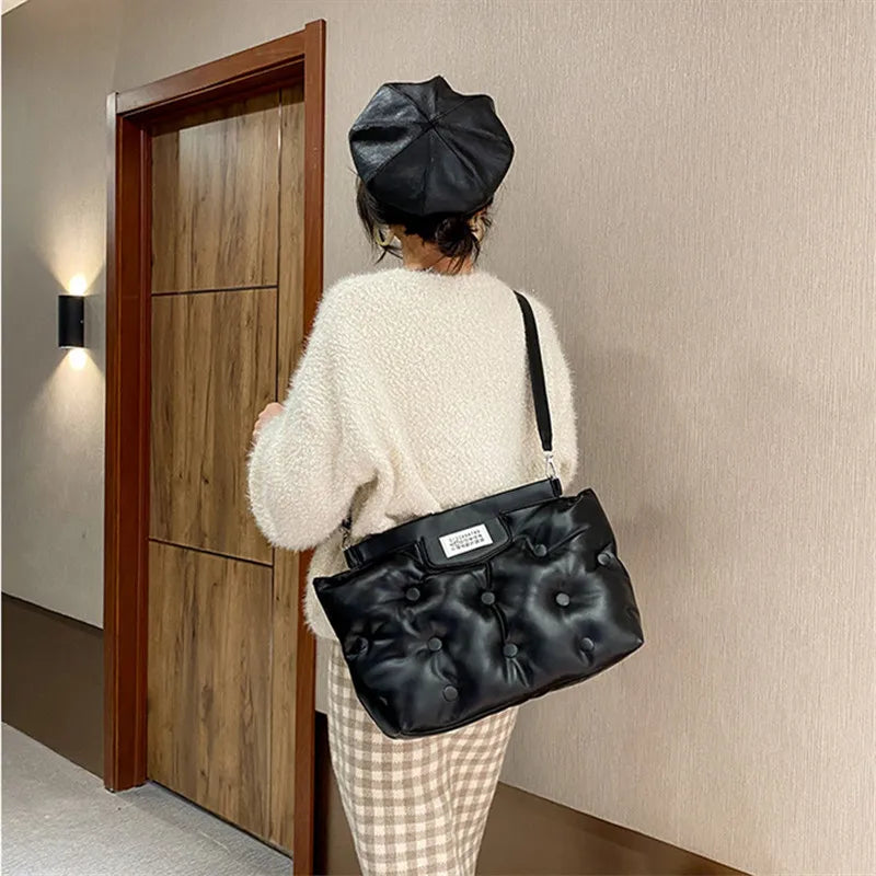 New Winter Women Down Bag Space Padded Handbag PU Leather Shoulder Bag Female Solid Color Luxury Designer Quilted Messenger Bag