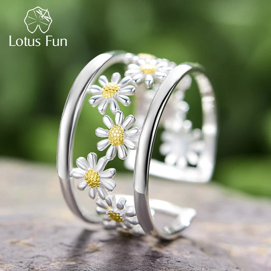 Lotus Fun Elegant Little Daisy Flower Adjustable Rings for Women Real 925 Sterling Silver Original Luxury 18K Gold Fine Jewelry