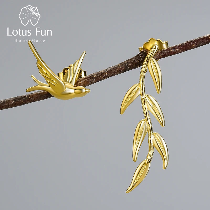 Lotus Fun Luxury 18K Gold Swallow Willow Branch Asymmetrical Unusual Dangle Earrings For Women 925 Sterling Silver Fine Jewelry