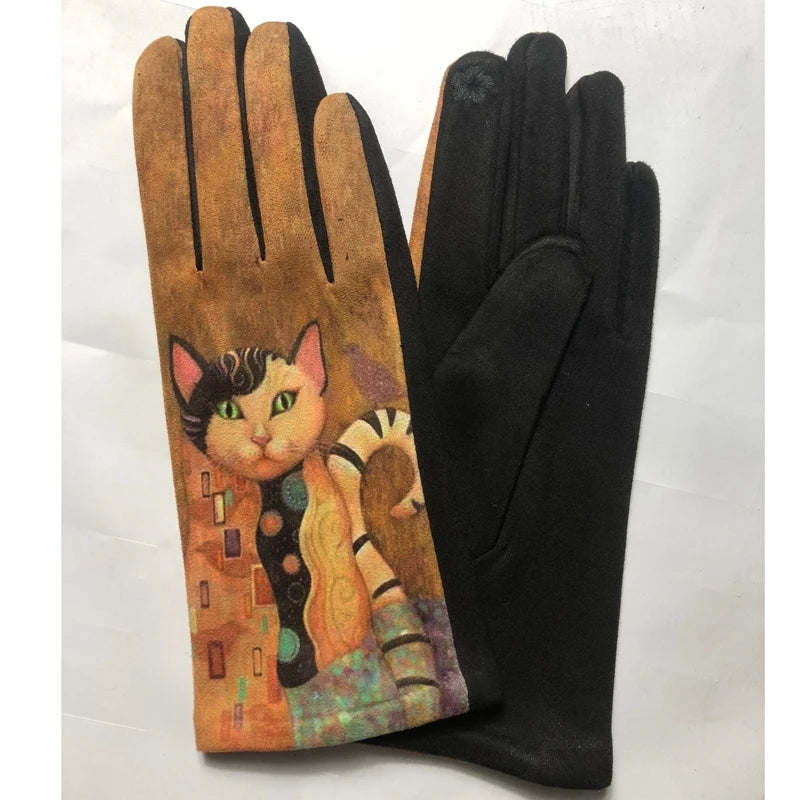 Visual Axles Digital Print Cute Cat Gloves Women Touch Screen Cycling Driving Mittens Ladies Winter Warm Fleece Ski Glove GL0035