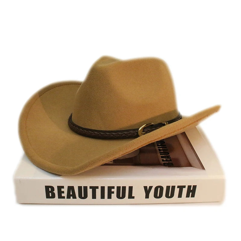 Coffee Leather Band Vintage Parent-child Women Men /Kid Child Wool Wide Brim Cowboy Western Hat Cowgirl Bowler Cap (54-57-61cm)