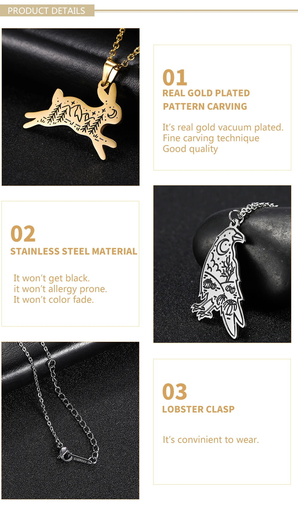 Stainless Steel Animal Pendant Necklace Rabbit Bear Eagle Dog Fox Wolf Scenery Moon Sun Tree Chain Necklaces Jewelry for Women