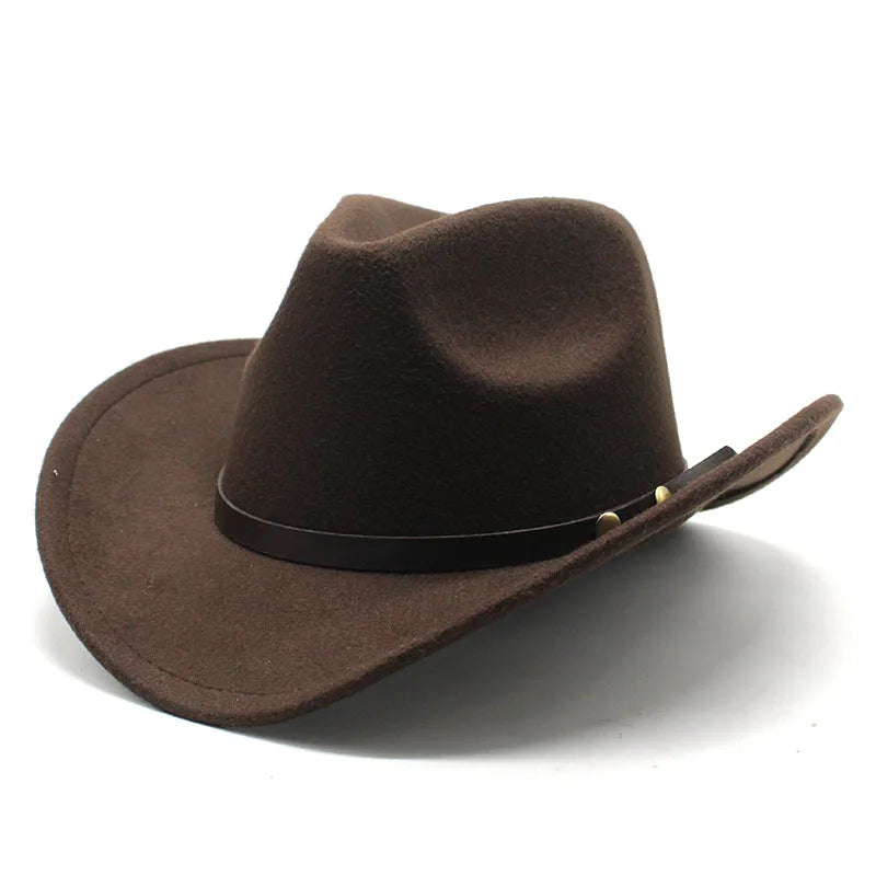 Unisex Vintage Western Cowboy Cowgirl Felt Hat With Punk Belt Winter Autumn Panama Imitation Wool Jazz Cap