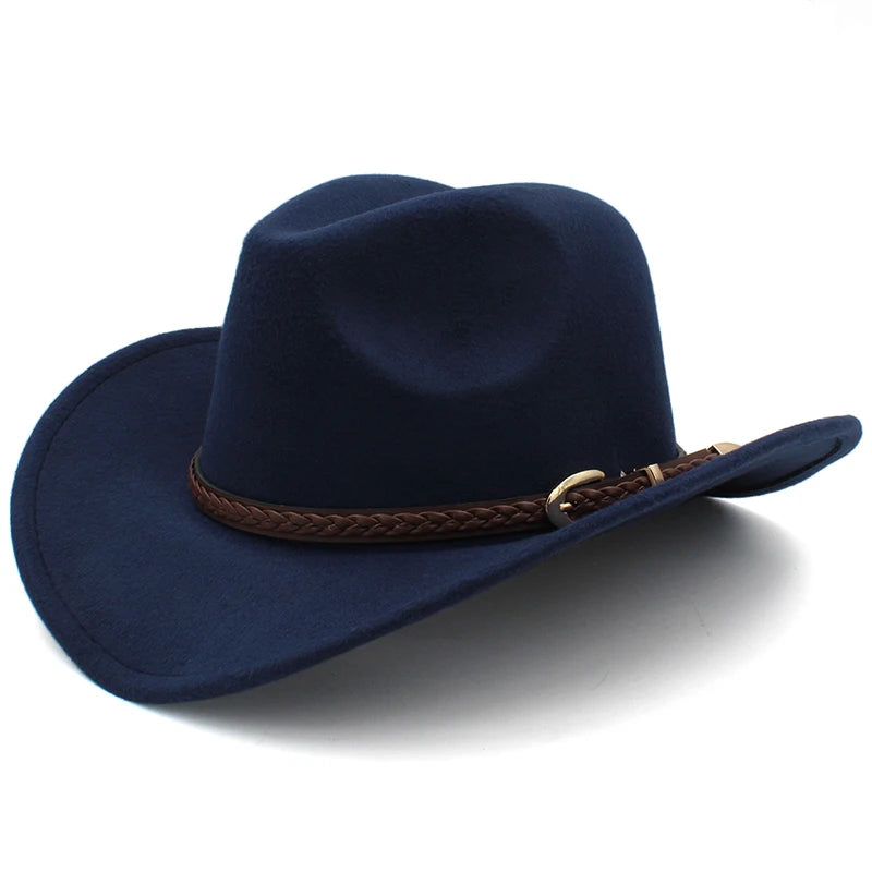 Coffee Leather Band Vintage Parent-child Women Men /Kid Child Wool Wide Brim Cowboy Western Hat Cowgirl Bowler Cap (54-57-61cm)