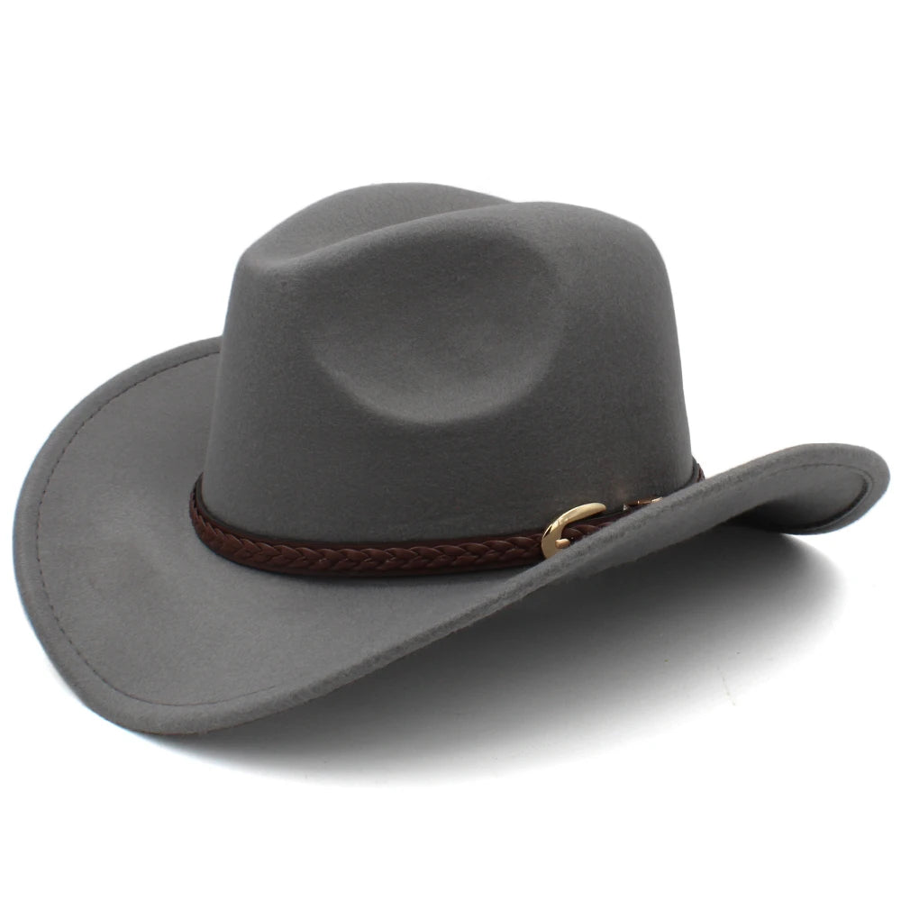 Coffee Leather Band Vintage Parent-child Women Men /Kid Child Wool Wide Brim Cowboy Western Hat Cowgirl Bowler Cap (54-57-61cm)