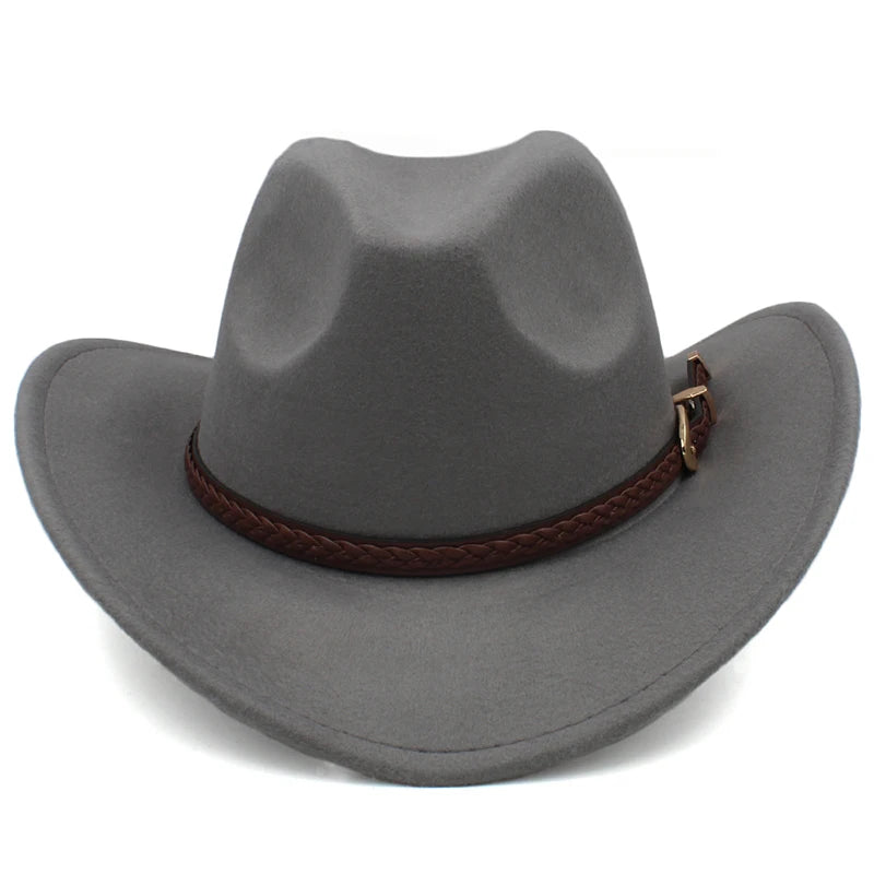 Coffee Leather Band Vintage Parent-child Women Men /Kid Child Wool Wide Brim Cowboy Western Hat Cowgirl Bowler Cap (54-57-61cm)