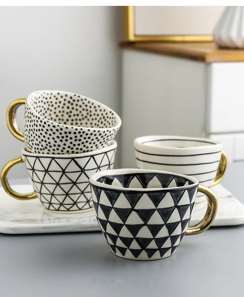 Hand Painted Geometric Ceramic Mugs With Gold Handle Handmade Irregular Cups For Coffee Tea Milk Oatmeal Creative Birthday Gifts