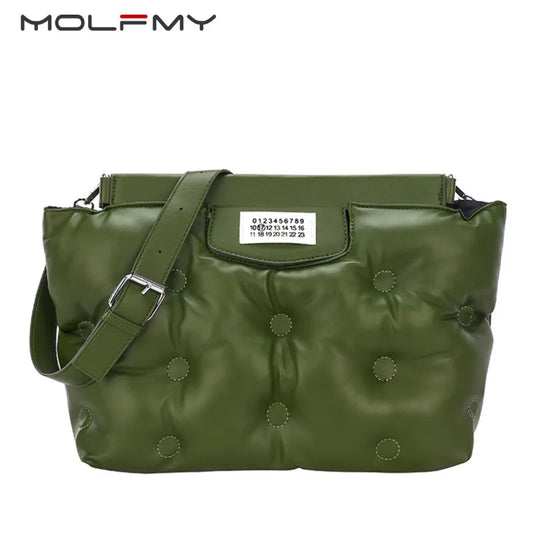 New Winter Women Down Bag Space Padded Handbag PU Leather Shoulder Bag Female Solid Color Luxury Designer Quilted Messenger Bag