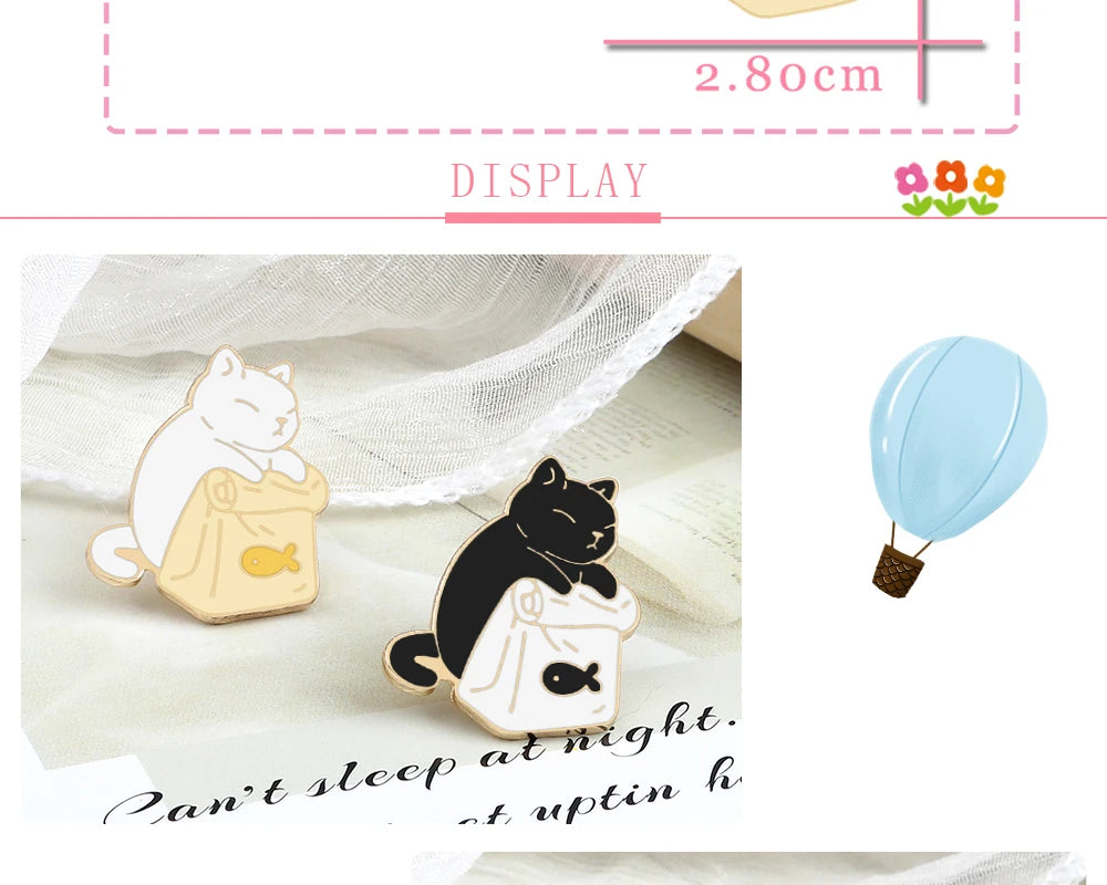 Cute Black White Cats Enamel Pins Dried Fish Bag Brooch Cartoon Animal Badges Denim Lapel Pin Jewelry Gift for Kids Best Friends