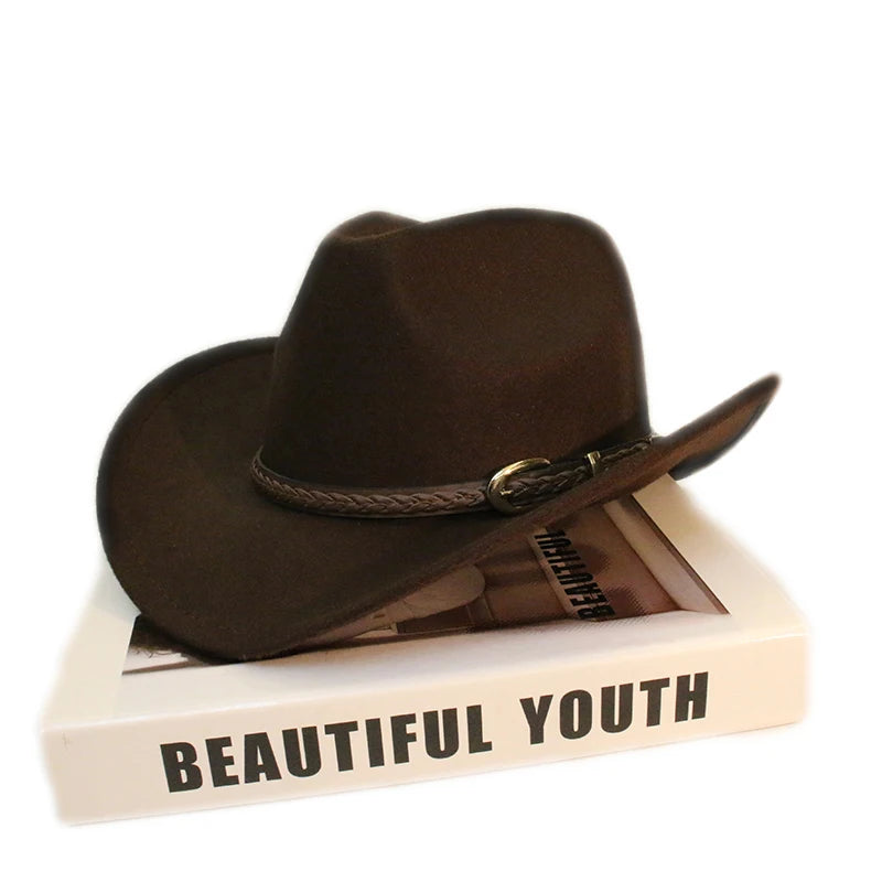 Coffee Leather Band Vintage Parent-child Women Men /Kid Child Wool Wide Brim Cowboy Western Hat Cowgirl Bowler Cap (54-57-61cm)