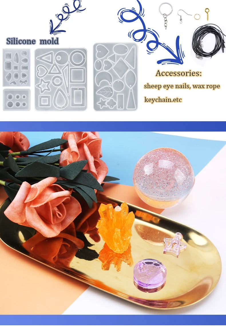 Epoxy Resin Kit for Beginners Silicone Resin Mold Set with DIY Supplies Tools, Glitter Sequins, Foil Flakes for Jewelry Making