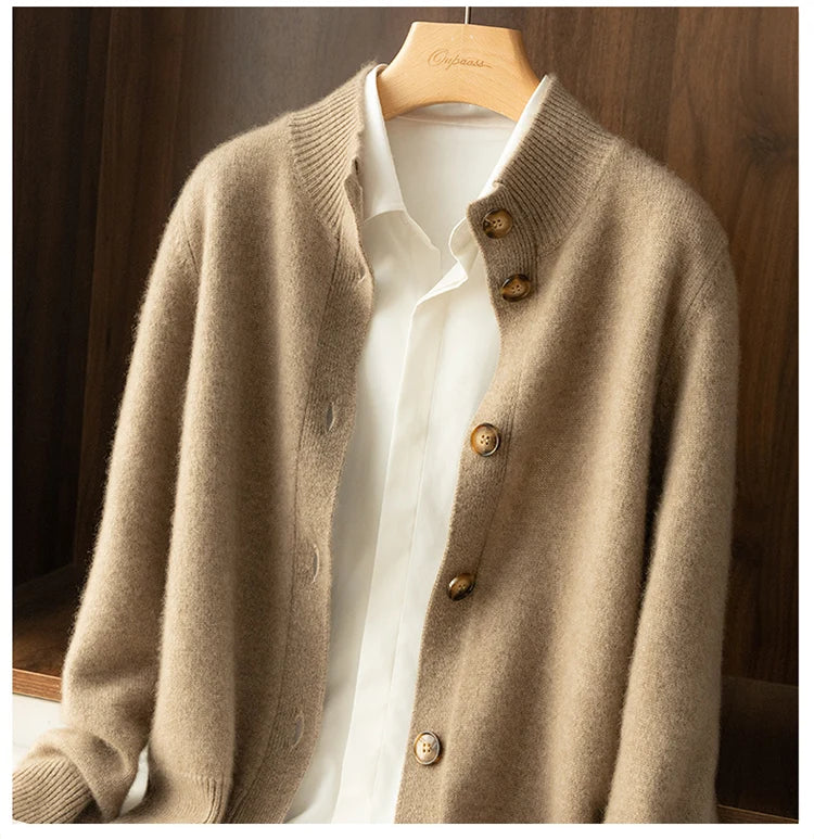 Autumn and Winter 100% Wool Cashmere Sweater Women's Self-Cultivation Half High Neck Cardigan Warm Knitted Sweater Women