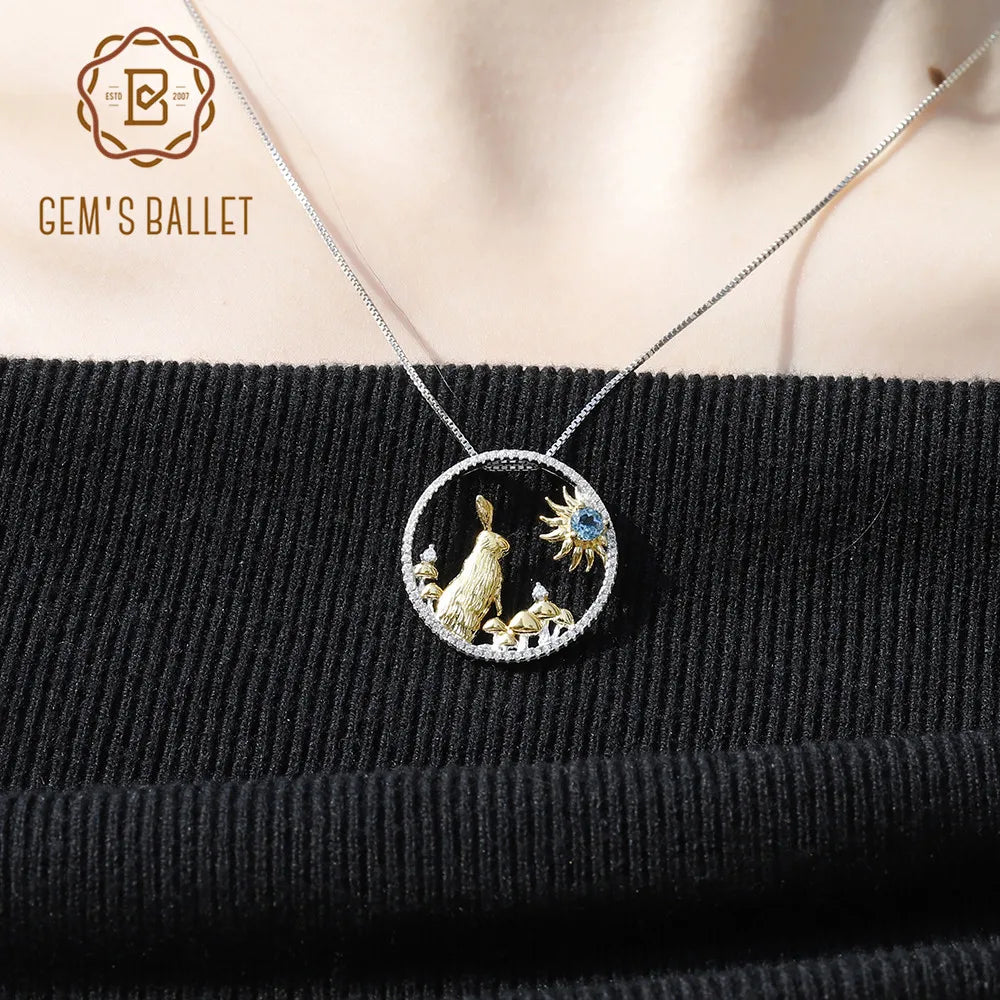 GEM'S BALLET Chinese Zodiac Jewelry 925 Sterling Silver Handmade Rabbit Pendant Necklace Natural Swiss Blue Topaz For Women