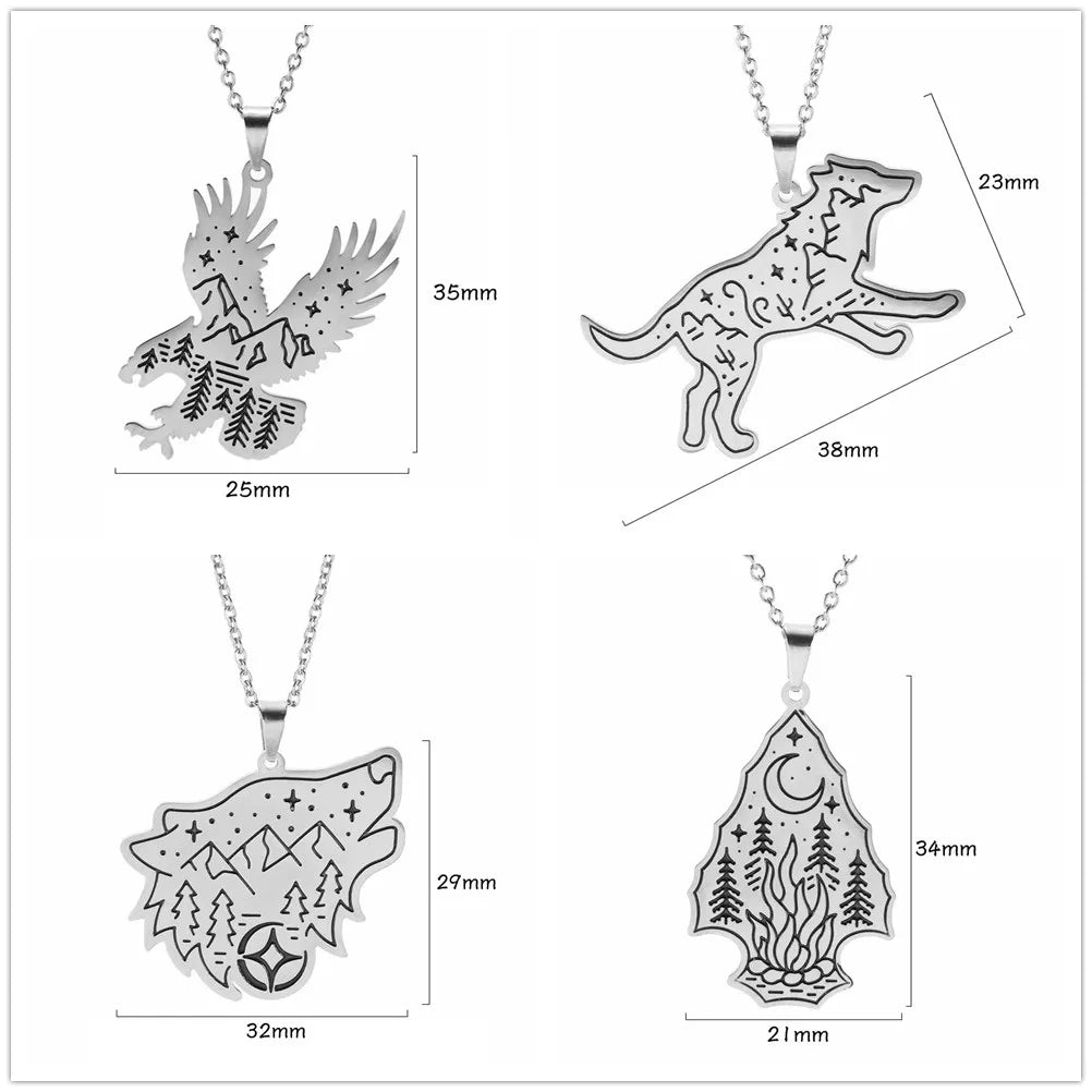 Stainless Steel Animal Pendant Necklace Rabbit Bear Eagle Dog Fox Wolf Scenery Moon Sun Tree Chain Necklaces Jewelry for Women