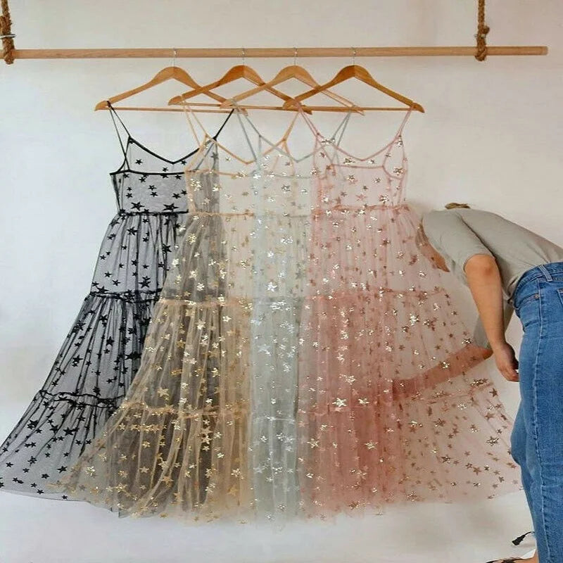 Summer Sweet Tulle Spaghetti Straps See Through Long Women Dresses Fashion Bling Bling Dress