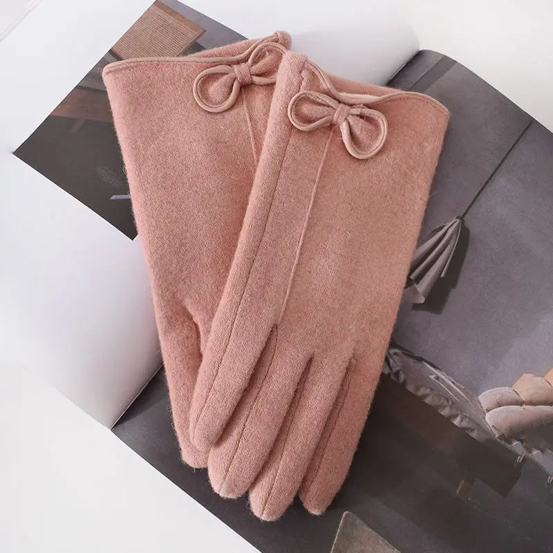 Women's Winter Cashmere Touch Screen Warm Gloves Outdoor Riding Plus Velvet Thicken Wool Bow Full Finger Driving Mittens S29