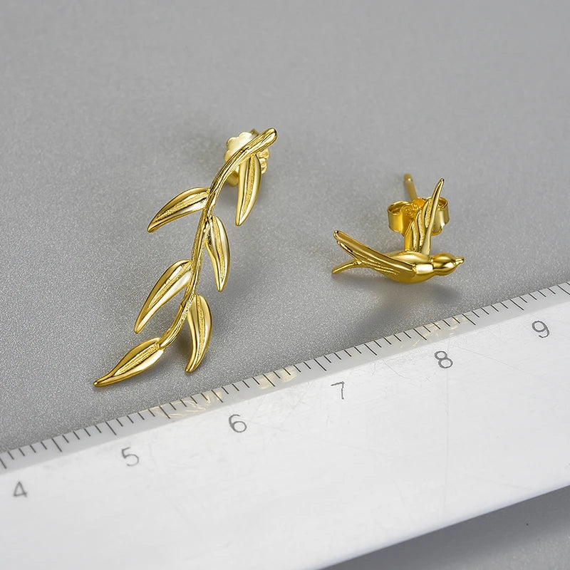 Lotus Fun Luxury 18K Gold Swallow Willow Branch Asymmetrical Unusual Dangle Earrings For Women 925 Sterling Silver Fine Jewelry