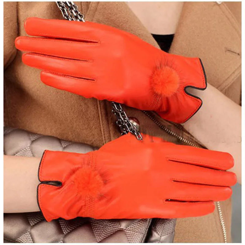 Genuine Leather Glove Women Warm Fashhion Winter Ladies Hand Warmer Gloves With Natural Mink Fur Ball Luxury Glove With Finger