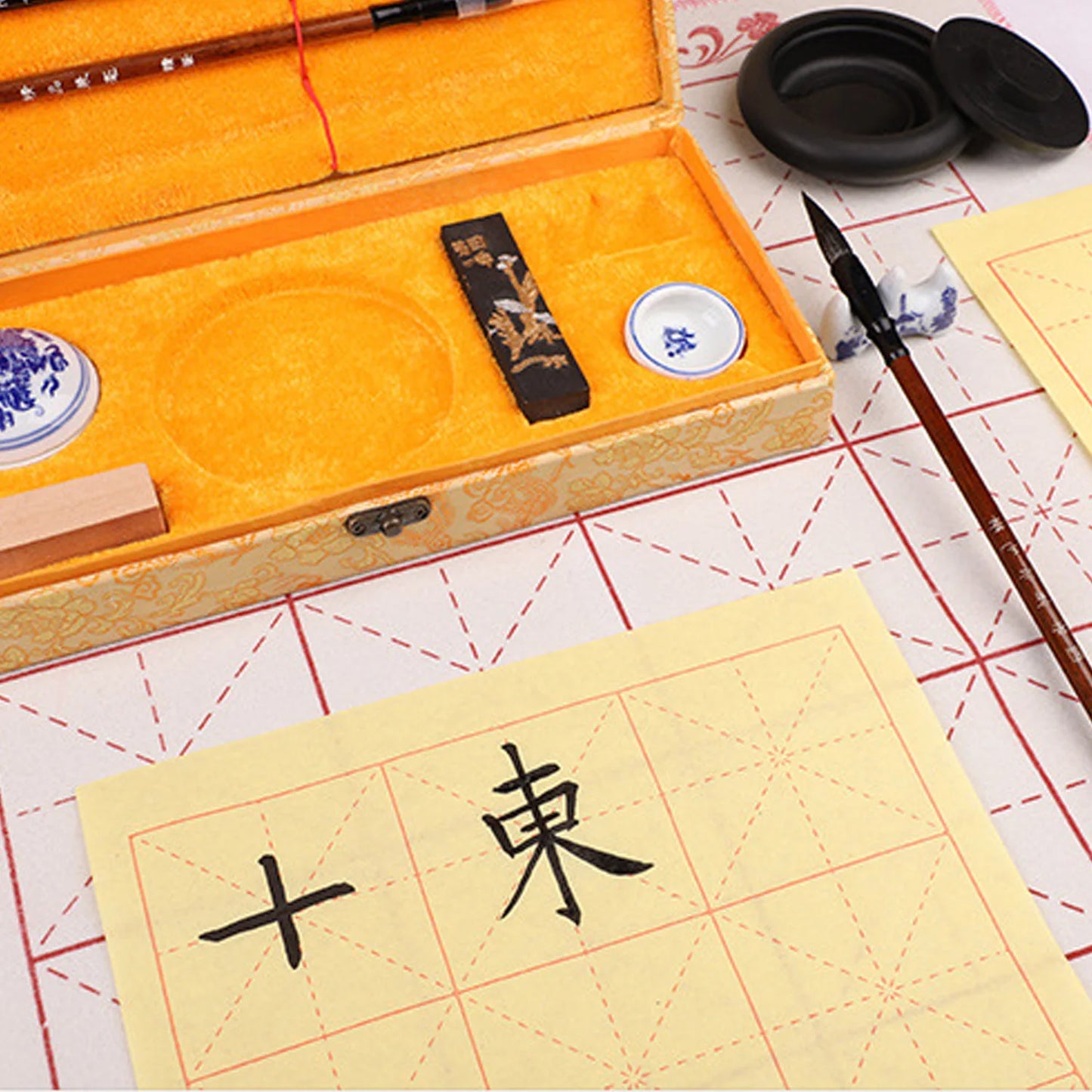 10PCS Chinese Traditional Calligraphy Set with Writing Brush Washer Holder Inkstone Ink Stick Seal Inkpad for Beginners Lovers