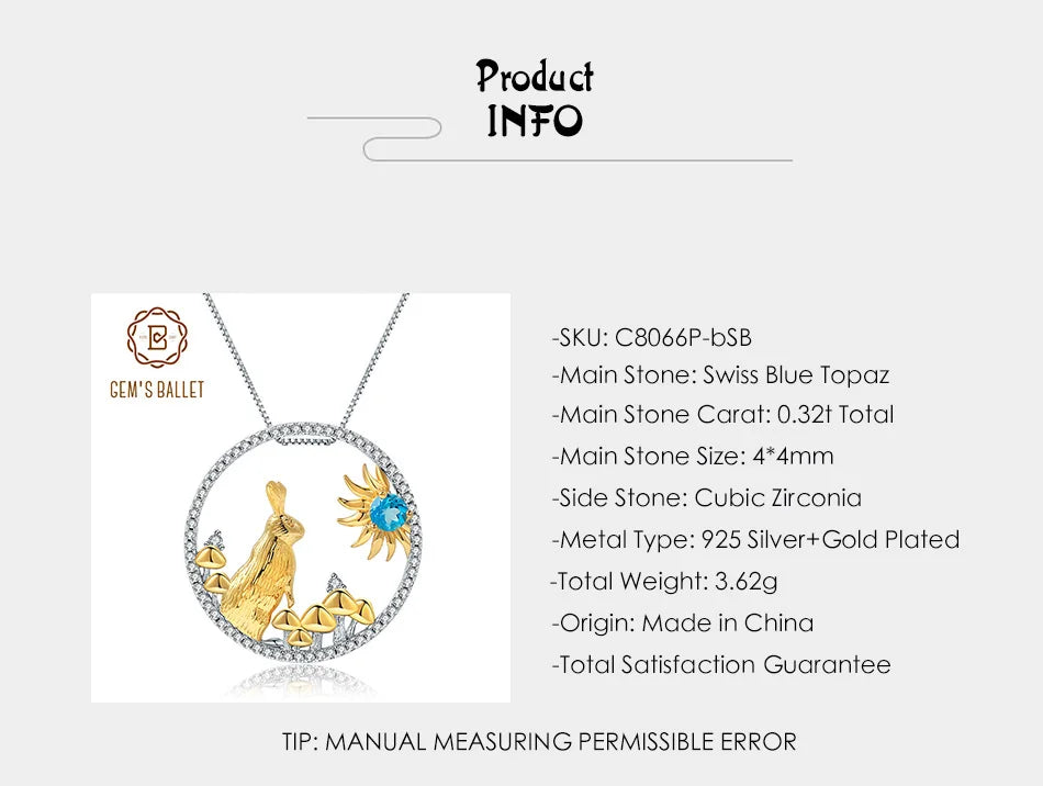 GEM'S BALLET Chinese Zodiac Jewelry 925 Sterling Silver Handmade Rabbit Pendant Necklace Natural Swiss Blue Topaz For Women