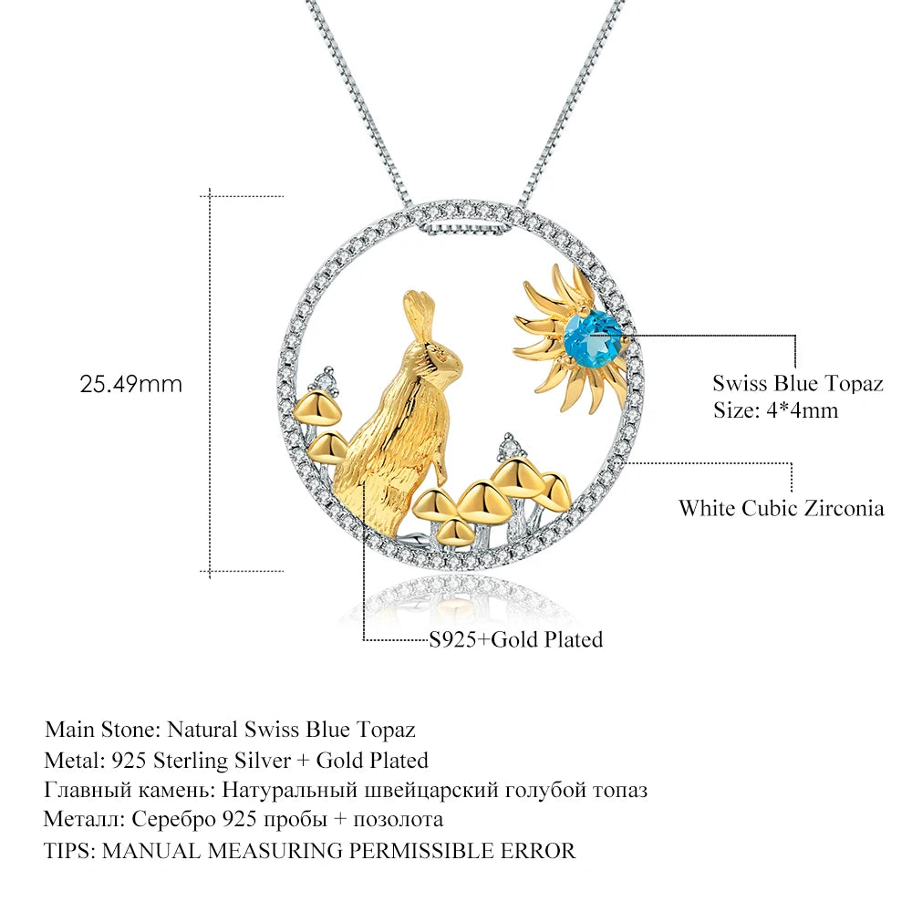 GEM'S BALLET Chinese Zodiac Jewelry 925 Sterling Silver Handmade Rabbit Pendant Necklace Natural Swiss Blue Topaz For Women