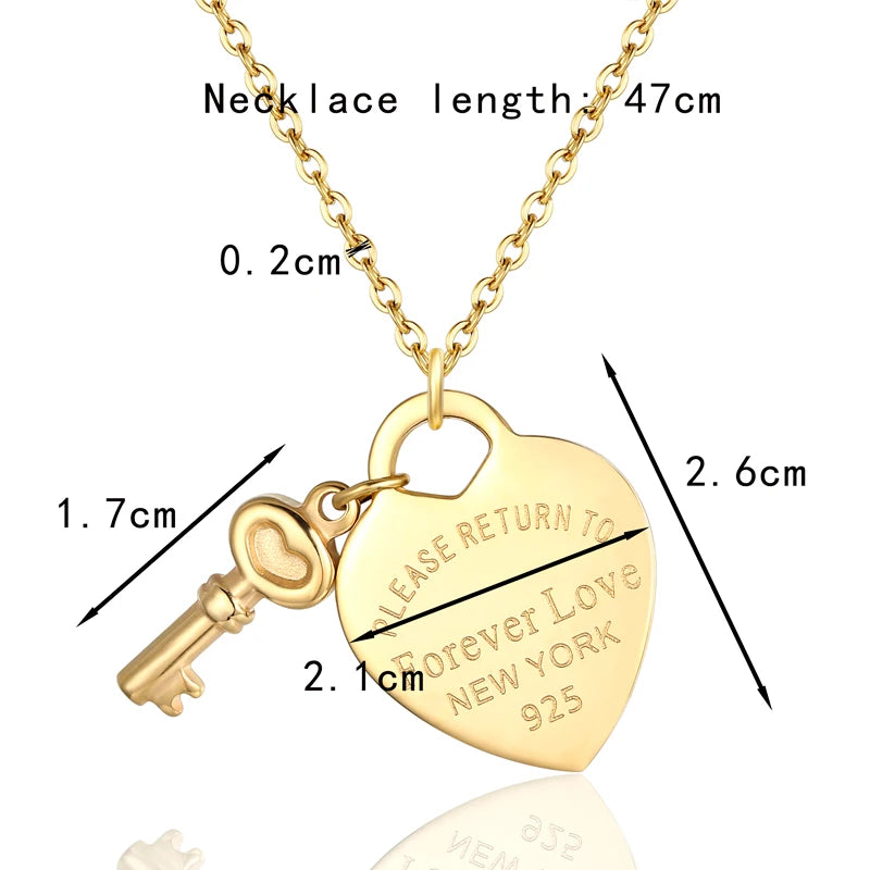 New Arrival Key And Forever Love Big Heart Necklace Pendant Stainless Steel High Quality Gold Colour Jewelry For Women Love Gift