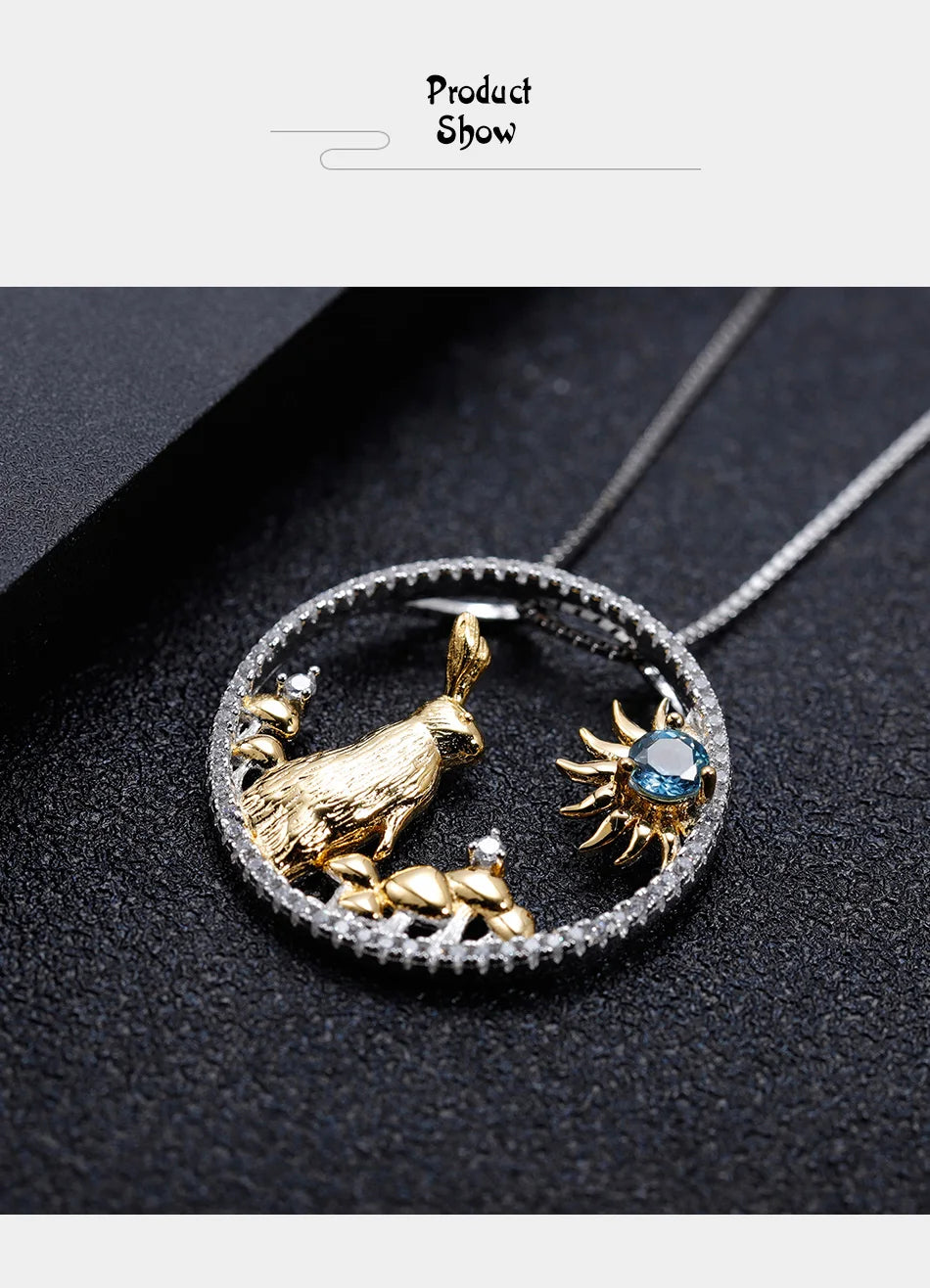 GEM'S BALLET Chinese Zodiac Jewelry 925 Sterling Silver Handmade Rabbit Pendant Necklace Natural Swiss Blue Topaz For Women