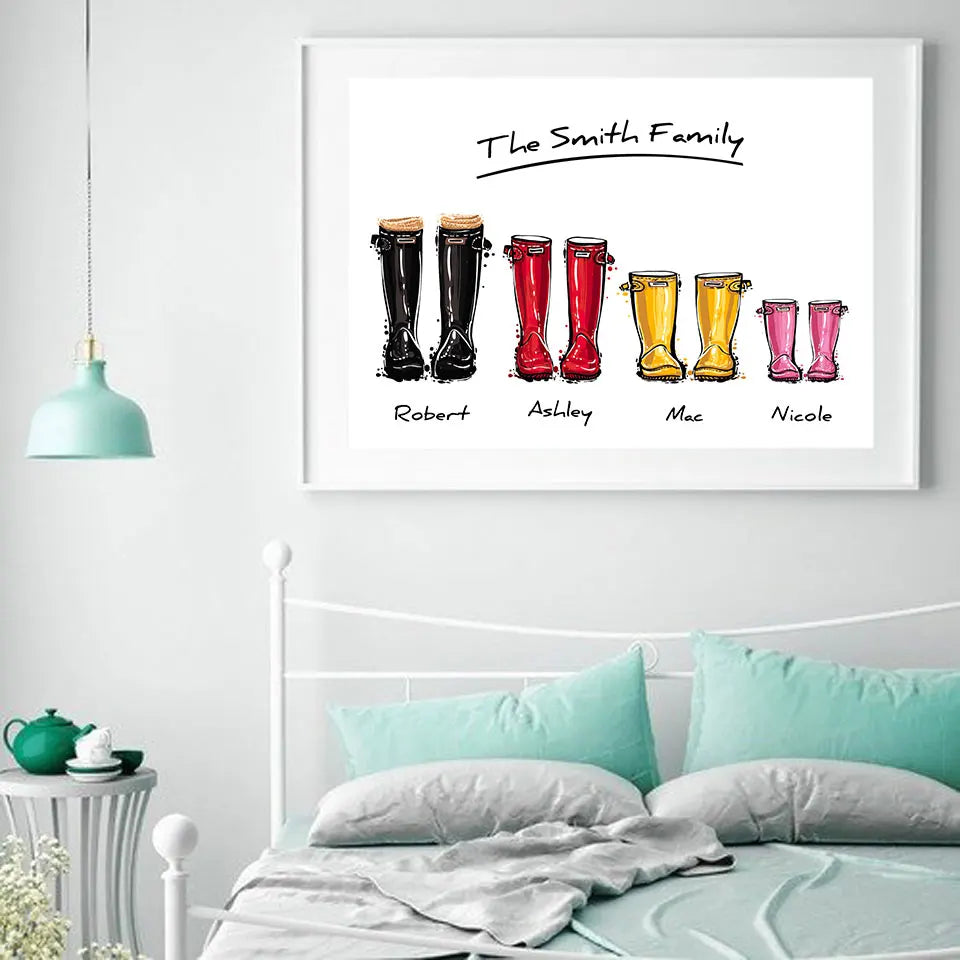 Custom Family Print Gift Personalised Poster Wellies Wall Art Canvas Painting Wellington boot Wall Pictures For Liveing Room Valentines Gift