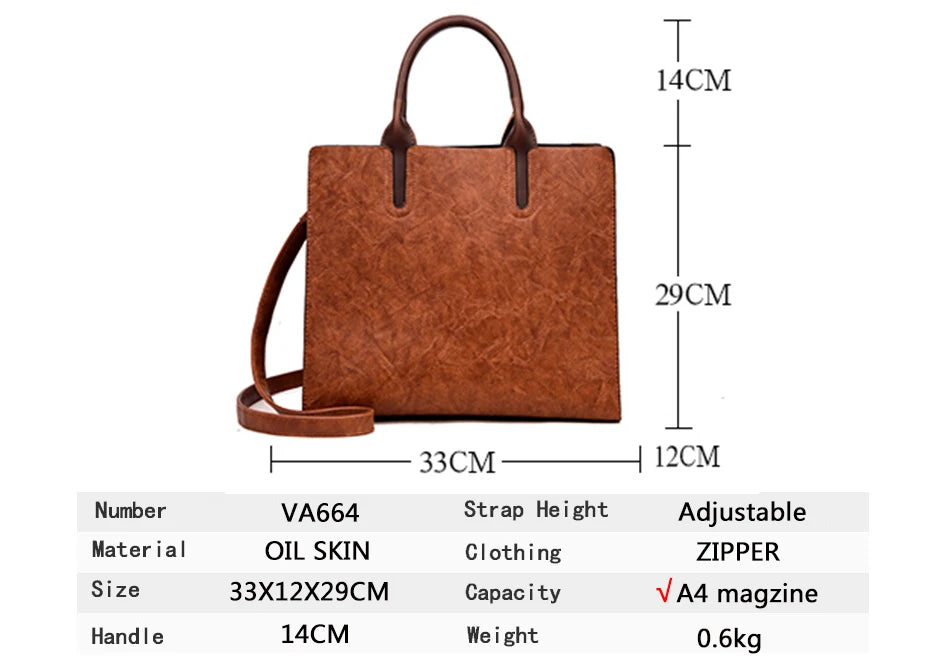 Vintage OIL SKIN Leather Big Casual Tote women bags High Quality Women's Handbags Shoulder Crossbody Bag Messenger Bags sac