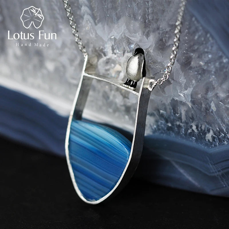 Lotus Fun Real 925 Sterling Silver Natural Agate Gemstones Fine Jewelry Lovely Penguin Necklace with Pendant for Women Collier