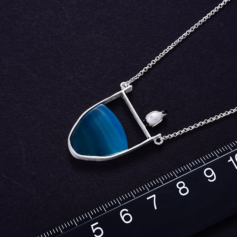 Lotus Fun Real 925 Sterling Silver Natural Agate Gemstones Fine Jewelry Lovely Penguin Necklace with Pendant for Women Collier