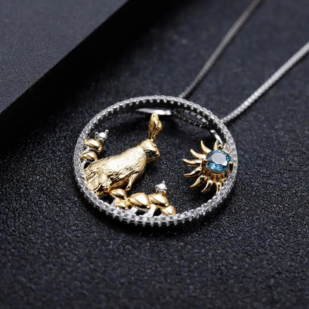 GEM'S BALLET Chinese Zodiac Jewelry 925 Sterling Silver Handmade Rabbit Pendant Necklace Natural Swiss Blue Topaz For Women