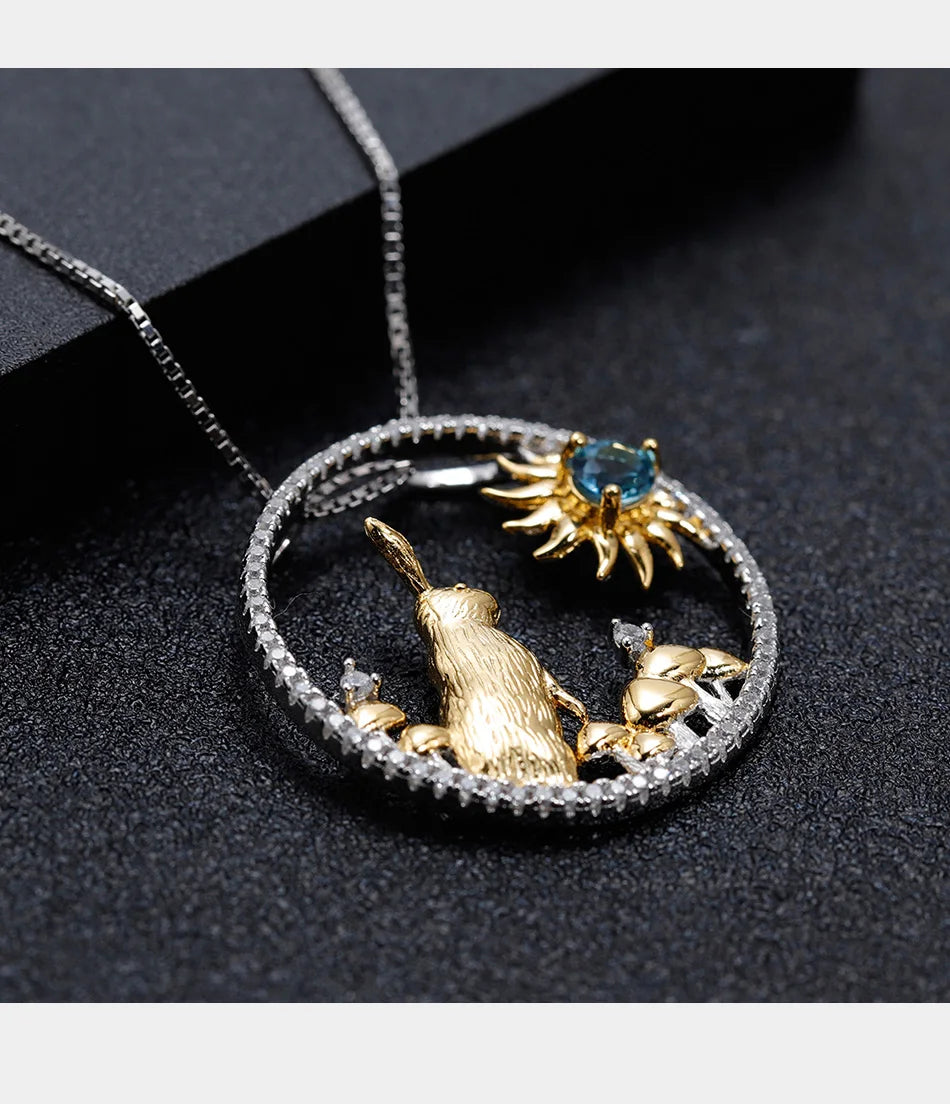 GEM'S BALLET Chinese Zodiac Jewelry 925 Sterling Silver Handmade Rabbit Pendant Necklace Natural Swiss Blue Topaz For Women