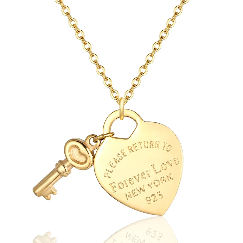 New Arrival Key And Forever Love Big Heart Necklace Pendant Stainless Steel High Quality Gold Colour Jewelry For Women Love Gift