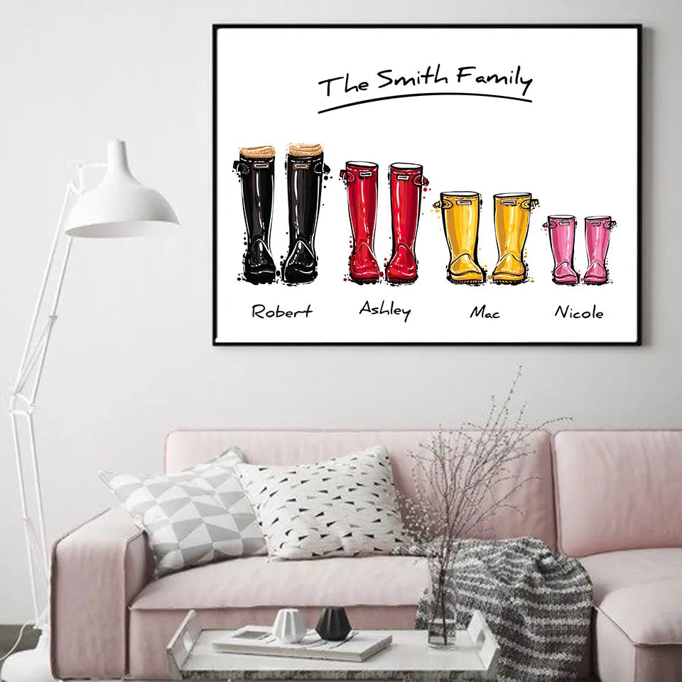 Custom Family Print Gift Personalised Poster Wellies Wall Art Canvas Painting Wellington boot Wall Pictures For Liveing Room Valentines Gift