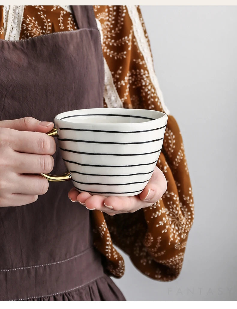 Hand Painted Geometric Ceramic Mugs With Gold Handle Handmade Irregular Cups For Coffee Tea Milk Oatmeal Creative Birthday Gifts