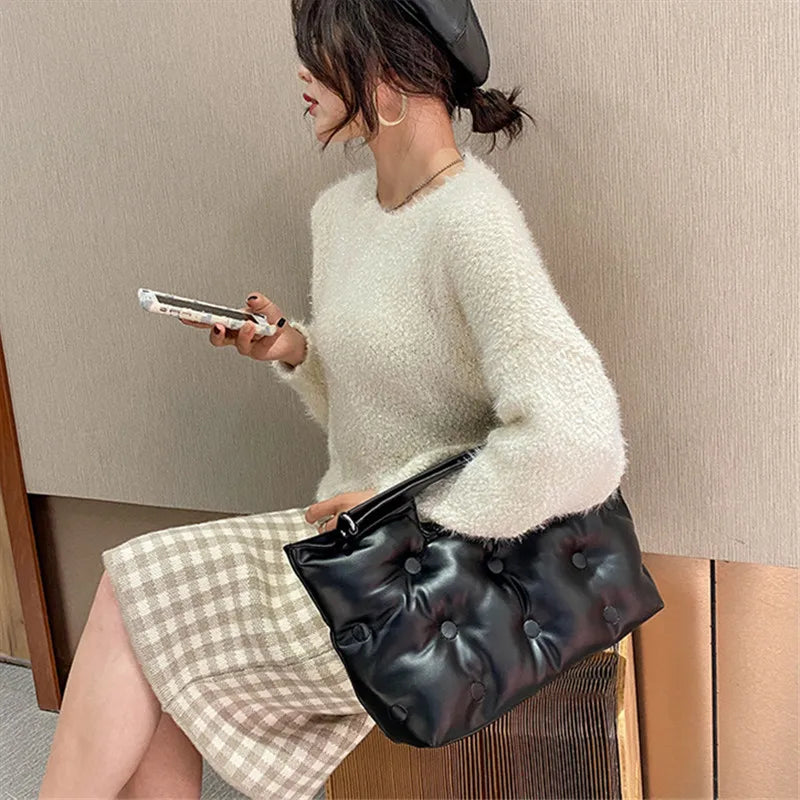 New Winter Women Down Bag Space Padded Handbag PU Leather Shoulder Bag Female Solid Color Luxury Designer Quilted Messenger Bag