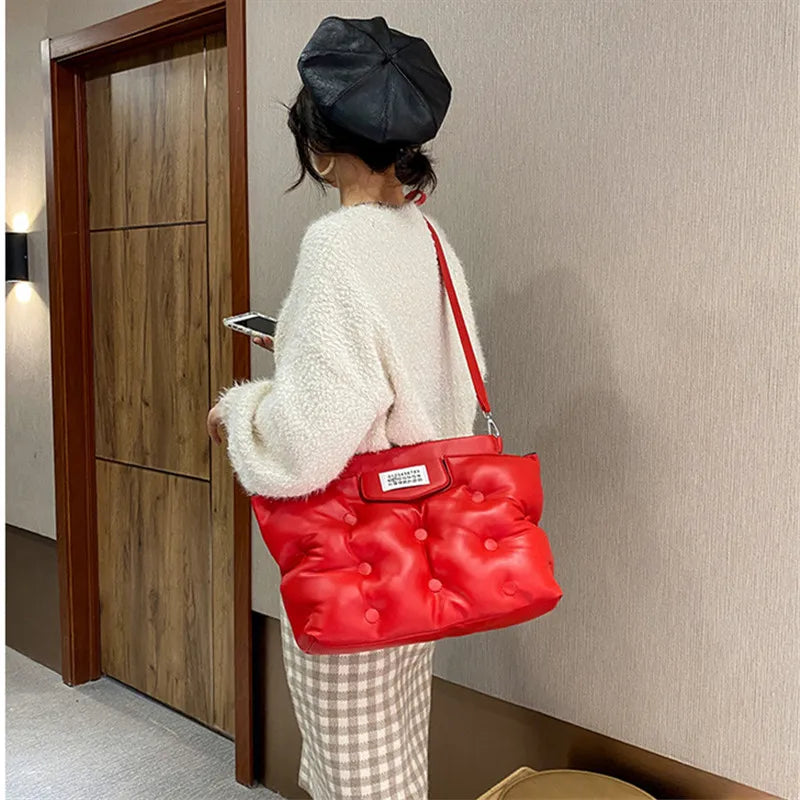 New Winter Women Down Bag Space Padded Handbag PU Leather Shoulder Bag Female Solid Color Luxury Designer Quilted Messenger Bag