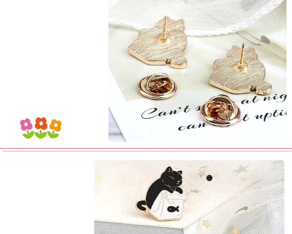 Cute Black White Cats Enamel Pins Dried Fish Bag Brooch Cartoon Animal Badges Denim Lapel Pin Jewelry Gift for Kids Best Friends